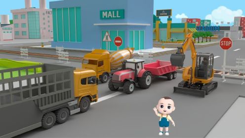 早教动画：货车头变身围栏大货车，成功帮助三辆车通过铁轨路段