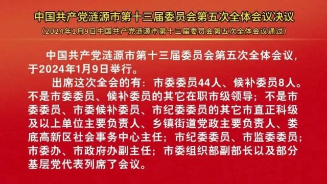 中国共产党涟源市第十三届委员会第五次全体会议决议