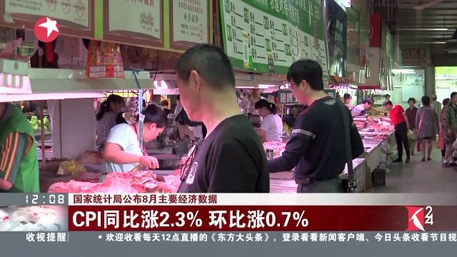 国家统计局公布8月主要经济数据 CPI同比涨2.3% 环比涨0.7%