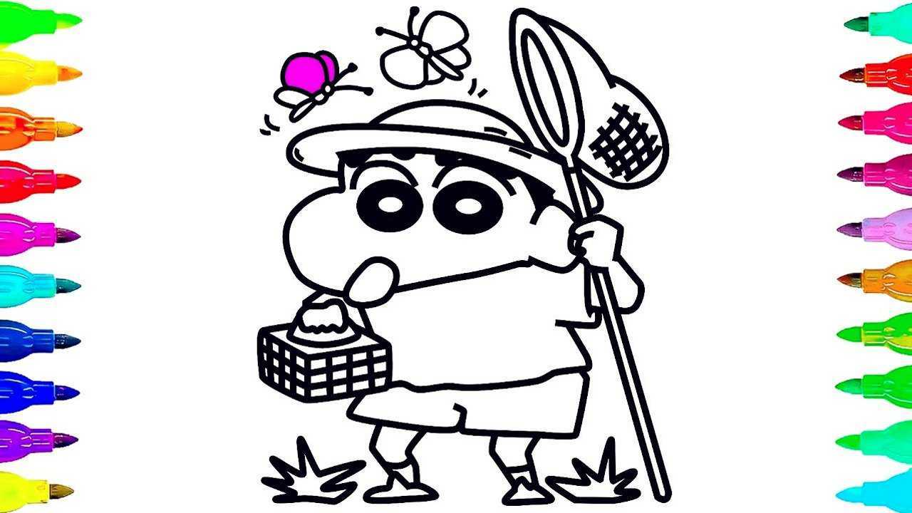 手绘简笔画蜡笔小新去捉蝴蝶