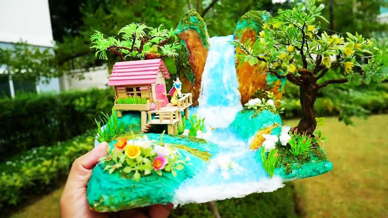 diy创意手工制作山石瀑布下的小屋微型景观