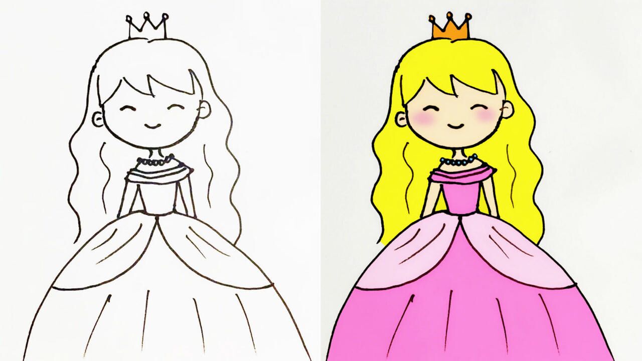 儿童简笔画教程学画可爱的小公主，给它涂上喜欢的颜色吧！_高清