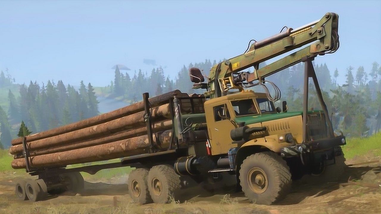 旋转轮胎kraz255b运输原木丘陵越野