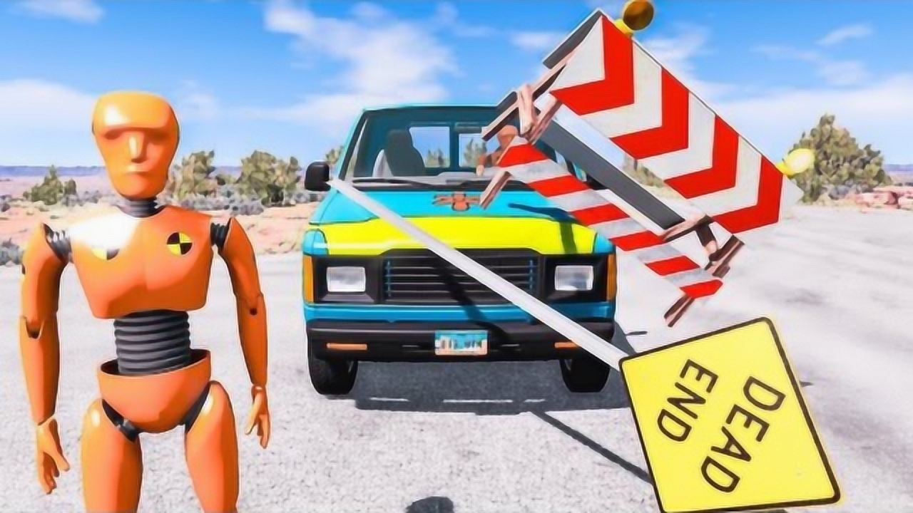 beamng邪恶的假人玩汽车碰撞测试在公路上放置交通指示牌