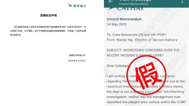 国泰航空:网传英文内部信件为伪造 相关信息并不属实