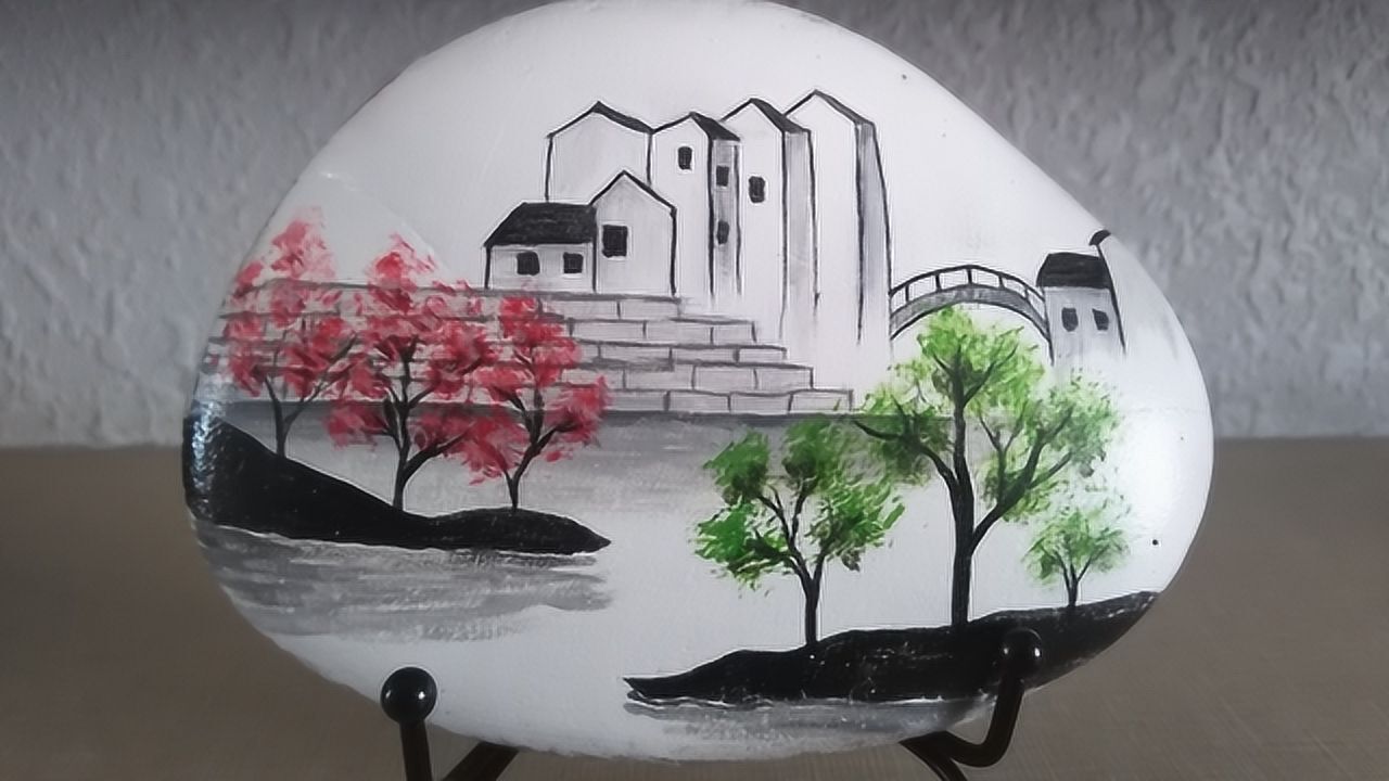 原创手绘水墨烟雨江南风景石头画详细的技法教程简单易学