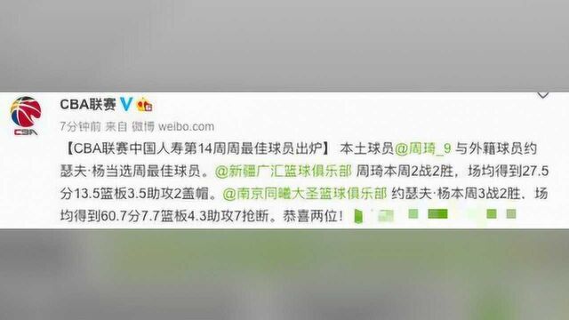 提前结束MVP悬念?周琦连续第三周拿周最佳,杨场均60.7分也当选