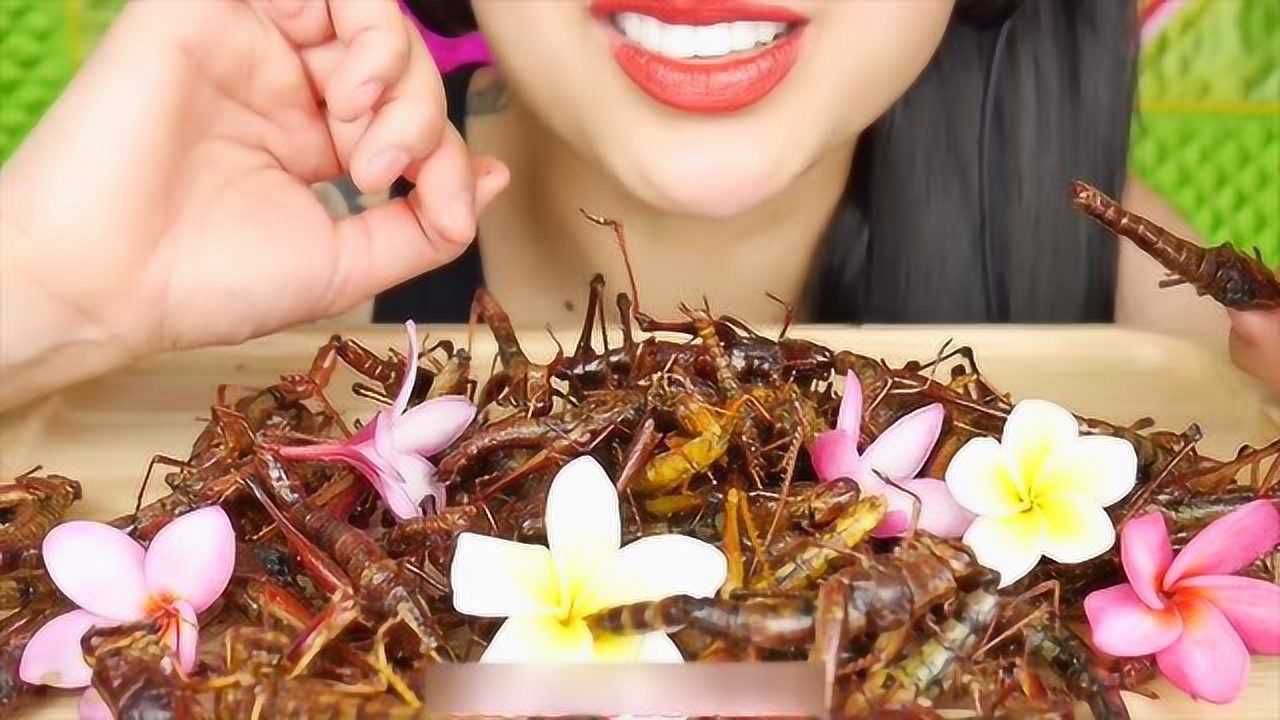 美食吃播:小姐姐吃油炸蚂蚱,酥脆焦香的口感,你敢吃吗?