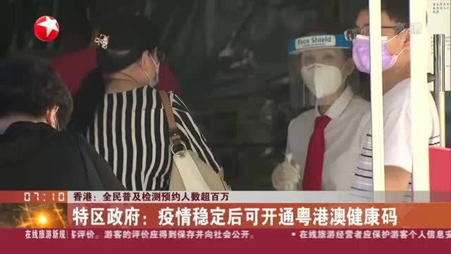 香港:全民普及检测预约人数超百万 特区政府——疫情稳定后可开通粤港澳健康码