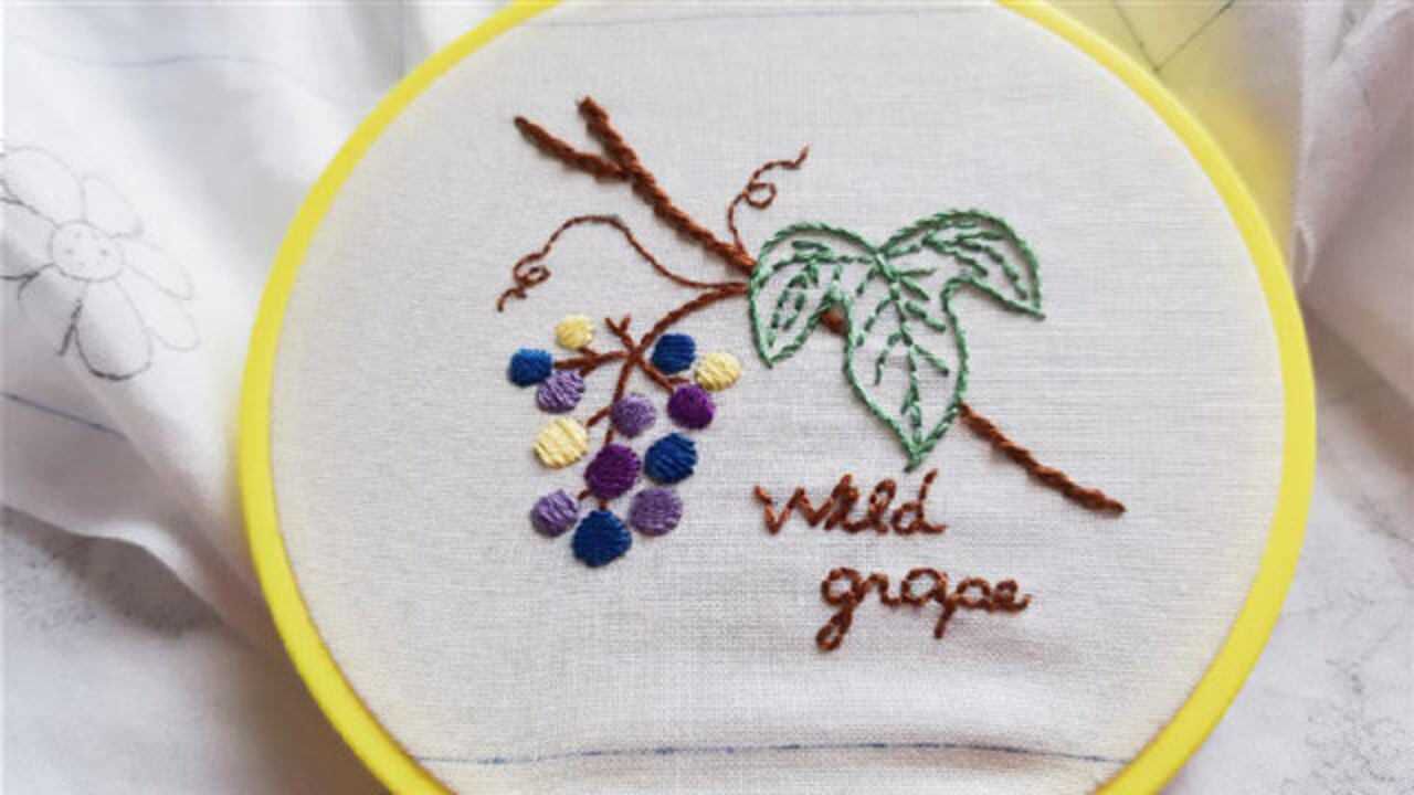 手工刺绣野葡萄用扭转锁链绣绣出的枝干立体又形象