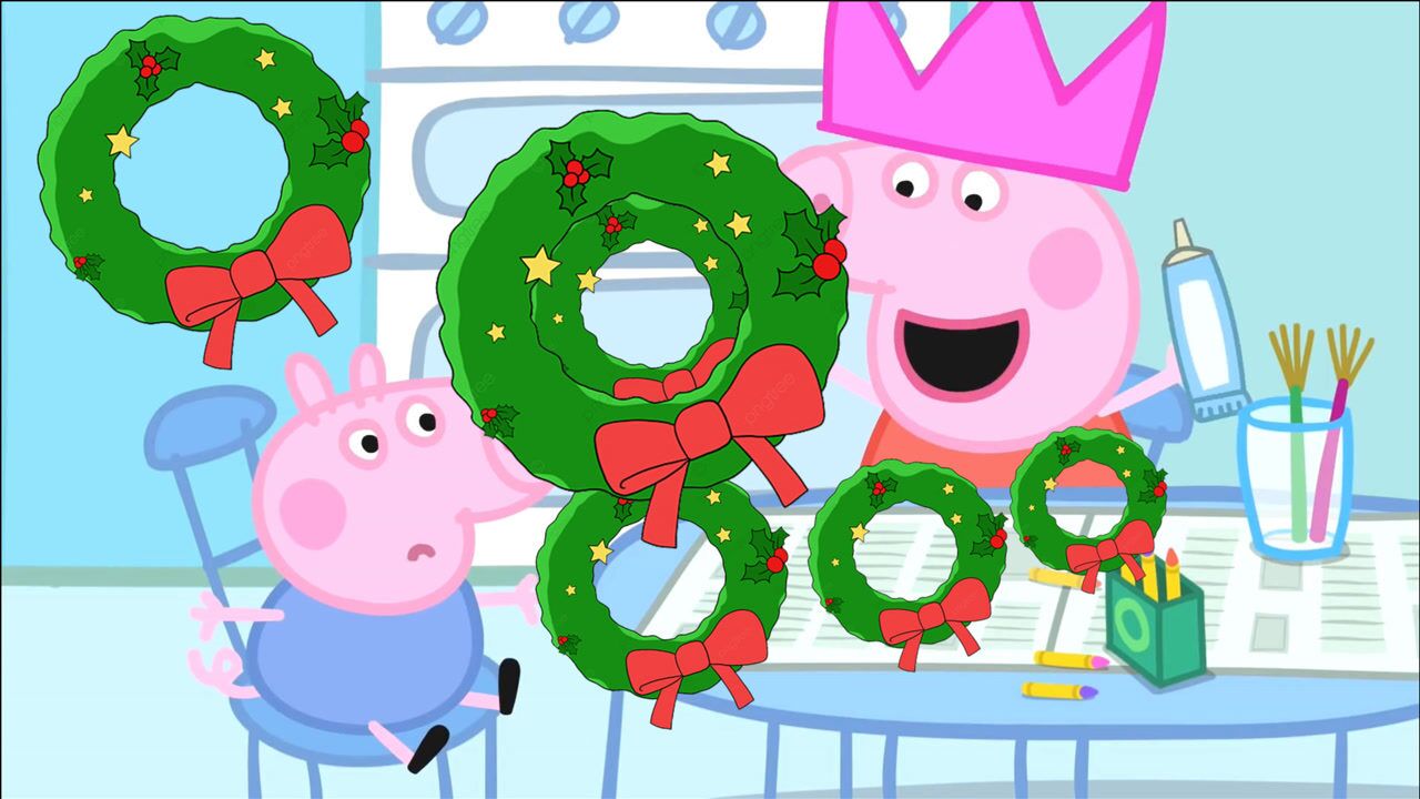 小猪佩奇最新第八季手工课上为迎接圣诞节做圣诞花环简笔画