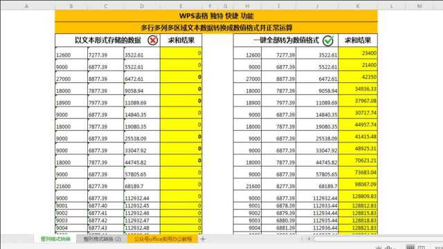 06WPS一键把多行多列多区域文本数据全部同时转为数值格式并正常运算