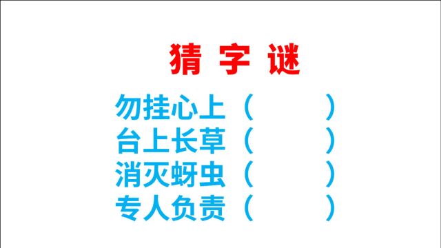 猜字谜,勿挂心上,台上长草,消灭蚜虫,专人负责,各打一字