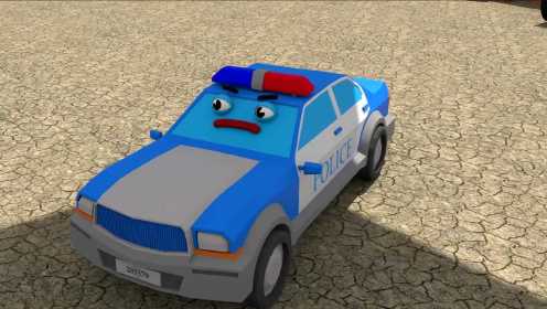 警车在汽车小镇里巡逻，帮助汽车居民们
