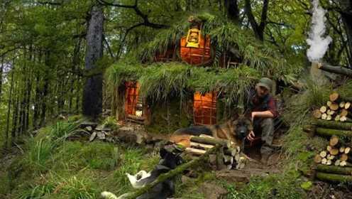 063 .建造一个带有壁炉的天然生存庇护所，丛林风景小屋，草房子