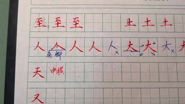 五知书舍 秦启超练字 初级:100字第二行 去 王 正 亚 至 土 人 大 天 又 的写法