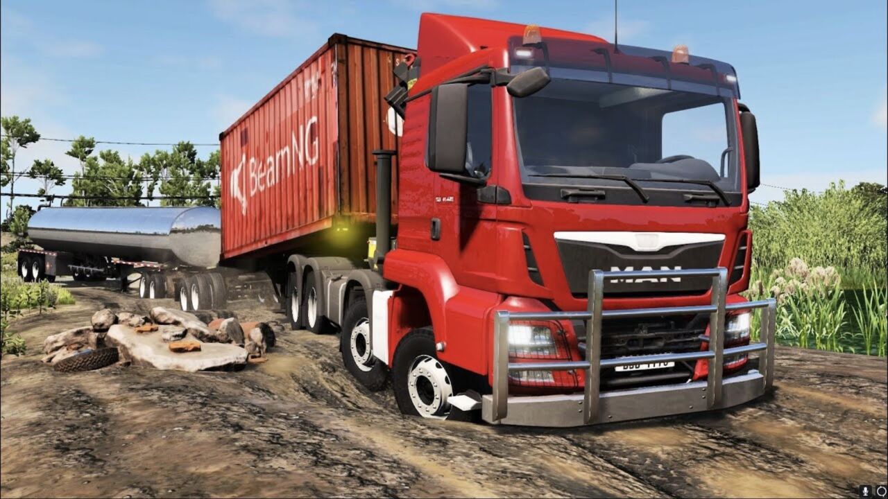 beamng:加长百吨王man卡车开足马力过塌陷坑,老司机测试悬挂