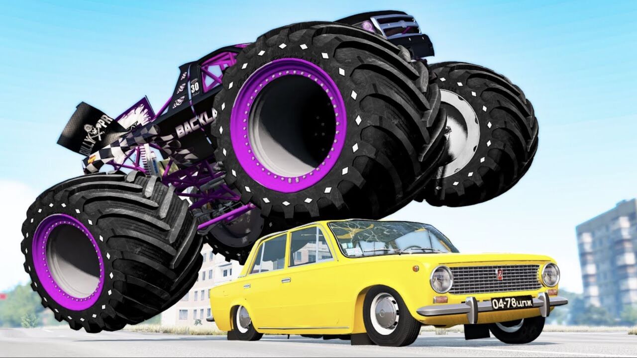 疯狂的驾驶员开上怪物大脚车横冲直撞,画面够酸爽,车祸模拟器