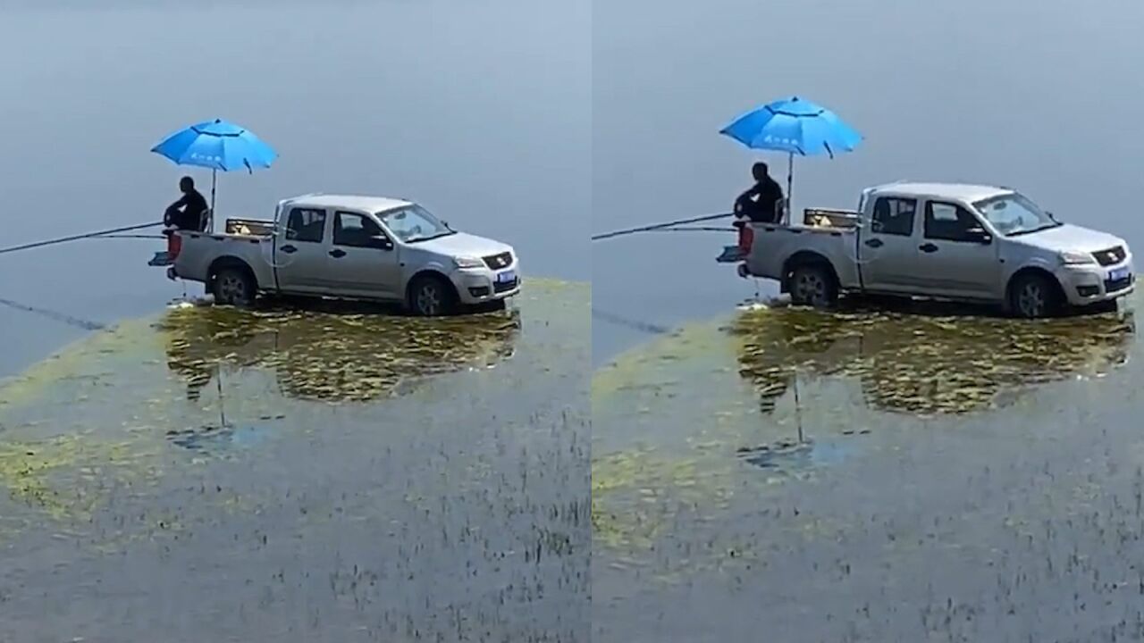 男子为钓鱼将皮卡开进水库,坐在车厢尾部静静垂钓:钓鱼界天花板