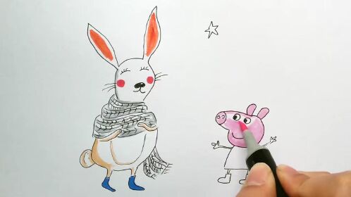 小猪佩奇与一只戴着围巾的兔子卡通简笔画