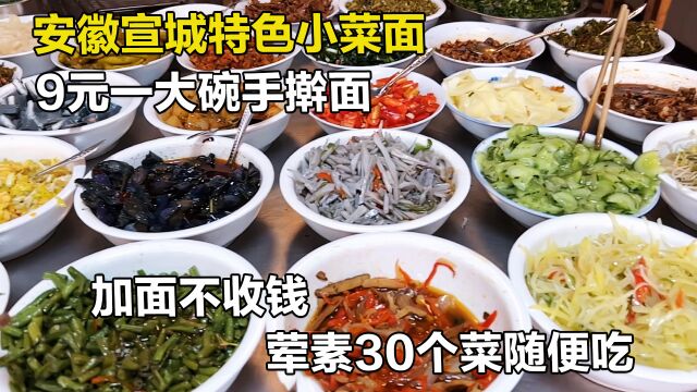 宣城美食小菜面,9元一碗手擀面,加面不收钱,荤素30个菜随便吃