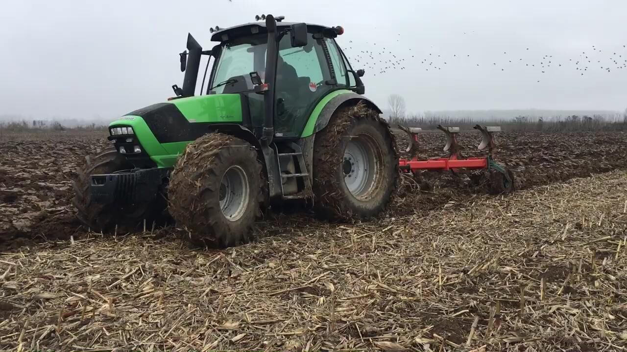 道依茨法尔m610拖拉机带四铧犁作业!