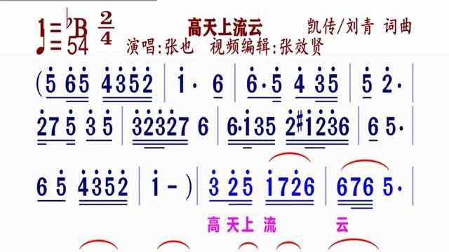 《高天上流云》简谱张也演唱#动态谱