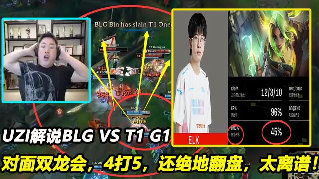 英雄联盟:UZI解说BLG VS T1 G1,对面双龙会,4打5,还绝地翻盘,太离谱!