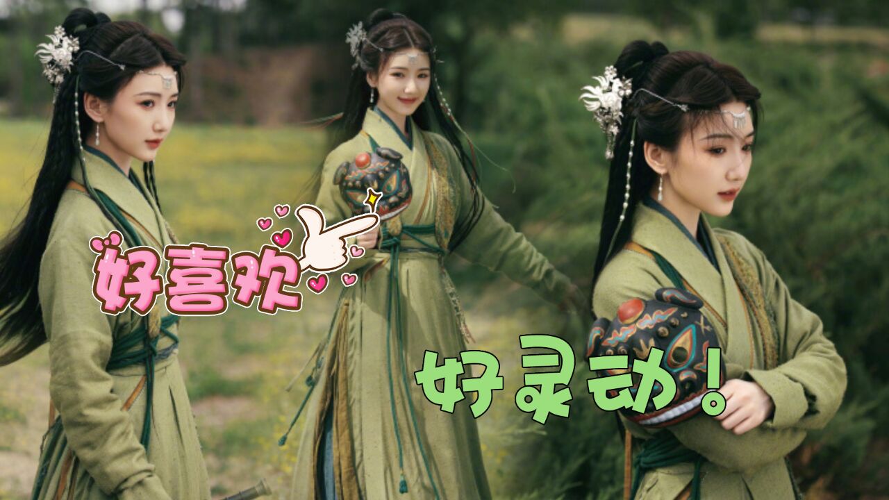 好灵动!云襄传毛晓彤古风写真,绿色古装搭配眉心坠清新脱俗