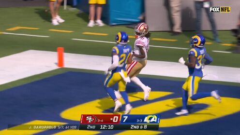 NFL赛事_22/23赛季NFL常规赛第八周:49人31-14公羊_【达阵】出其不备!战术配合默契麦卡弗里找到艾尤克完成传球达阵_高清 ...