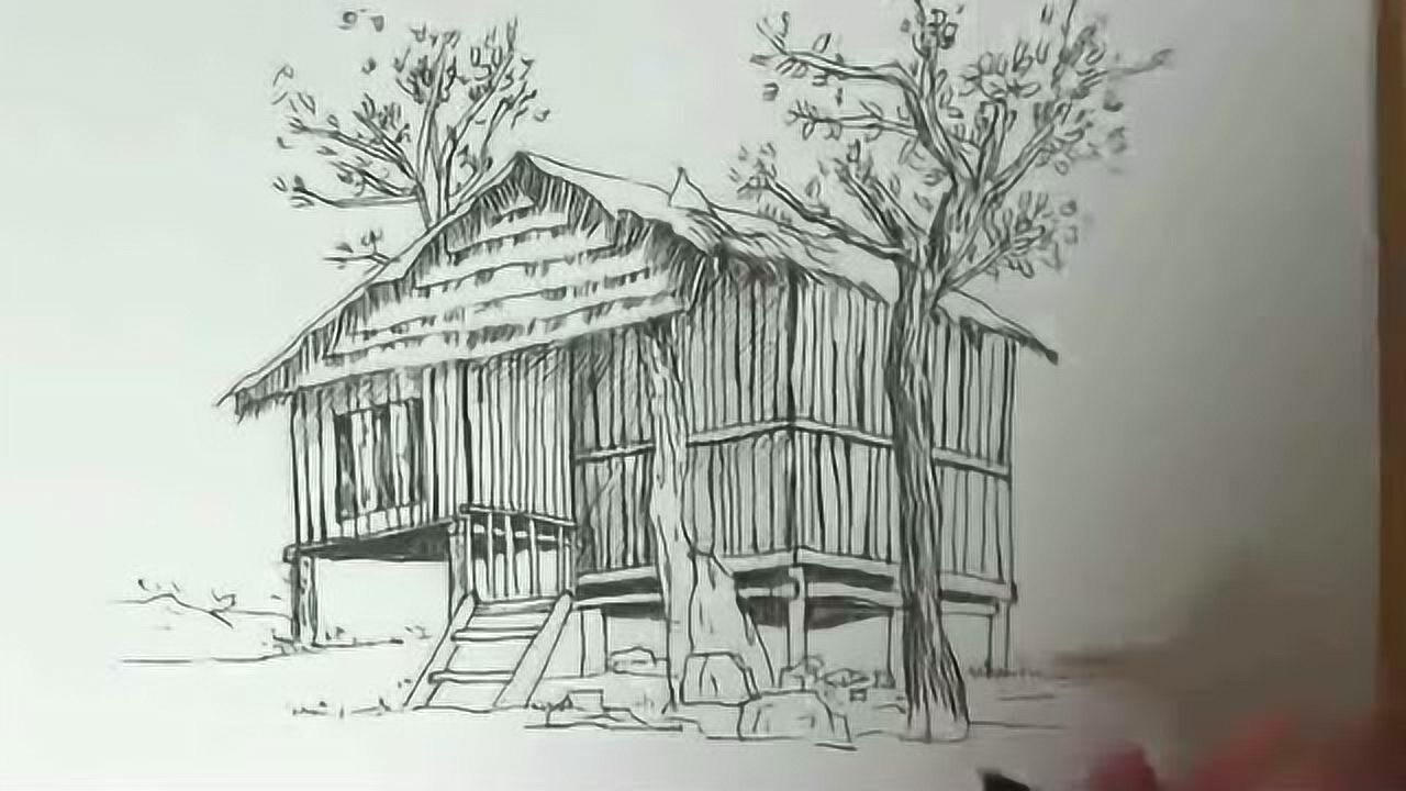 素描森林中的小木屋