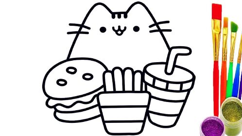 给宝宝画一只猫准备吃汉堡包薯条和可乐简笔画涂色彩