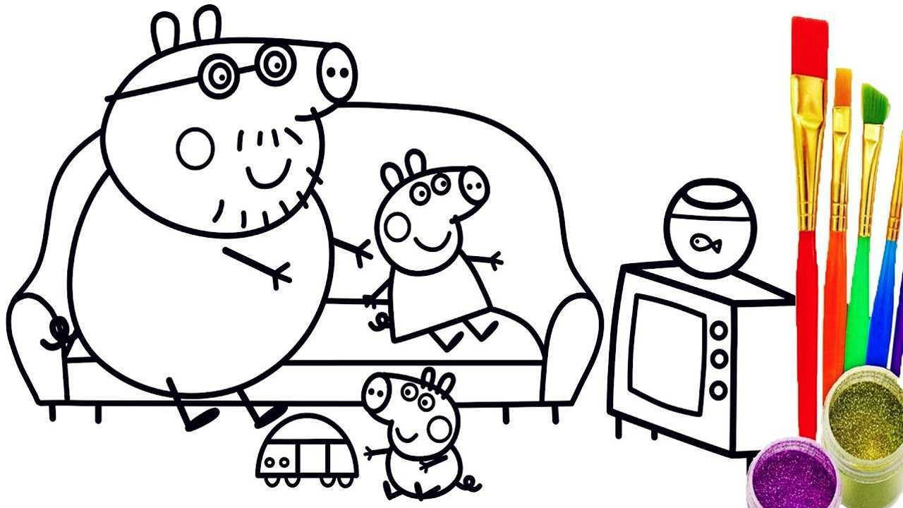 给宝宝画小猪佩奇和猪爸爸一起看电视弟弟乔治在爬地简笔画涂色彩