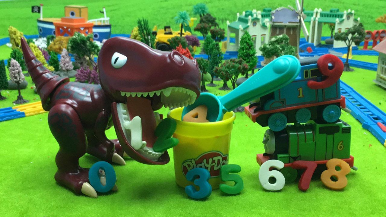《玩具》哆啦盒子玩具乐园 托马斯给大恐龙制作培乐多数字彩泥点心