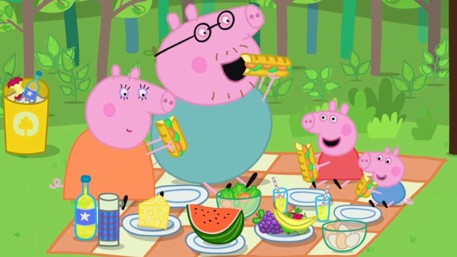 小猪佩奇和妈妈去森林野餐喂鸭太太吃面包