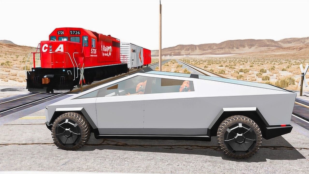 beamng:特斯拉赛博皮卡车强行冲向火车铁轨,拟真车祸模拟(20)