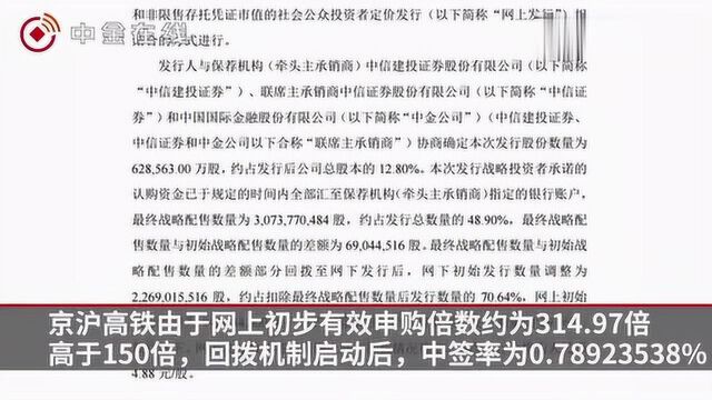 京沪高铁网上初步有效申购倍数超三百倍 中签率0.789%