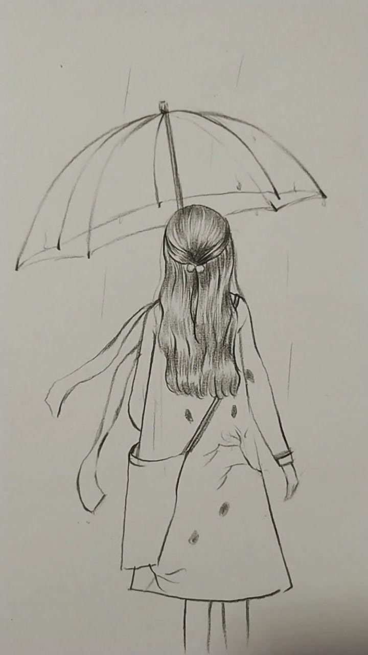 几笔画出雨中的少女背影.