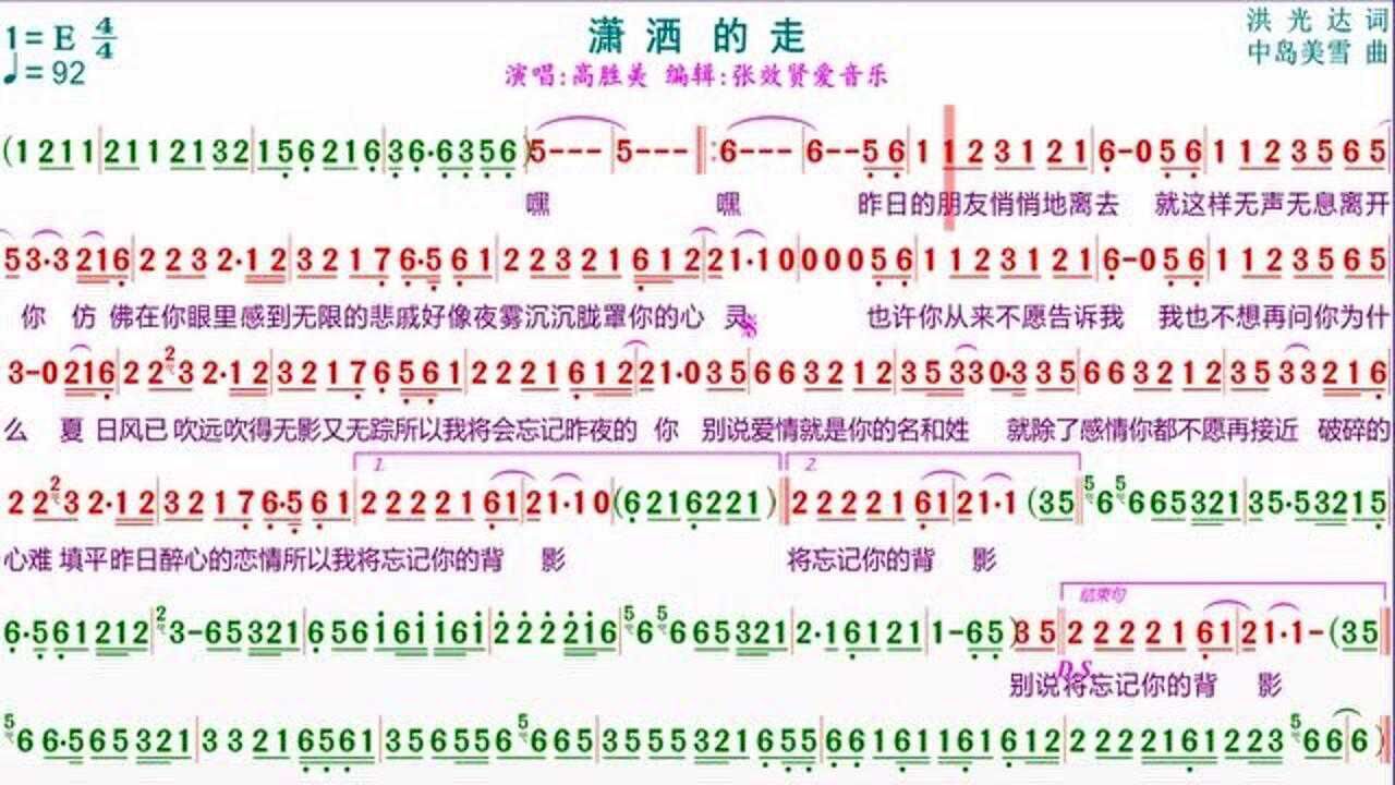 高胜美演唱的潇洒的走光标跟随动态简谱