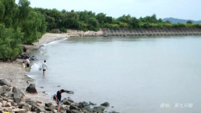 深圳西乡大铲湾海域风光,海浪拍打沙滩,游客在海滩上惬意游玩