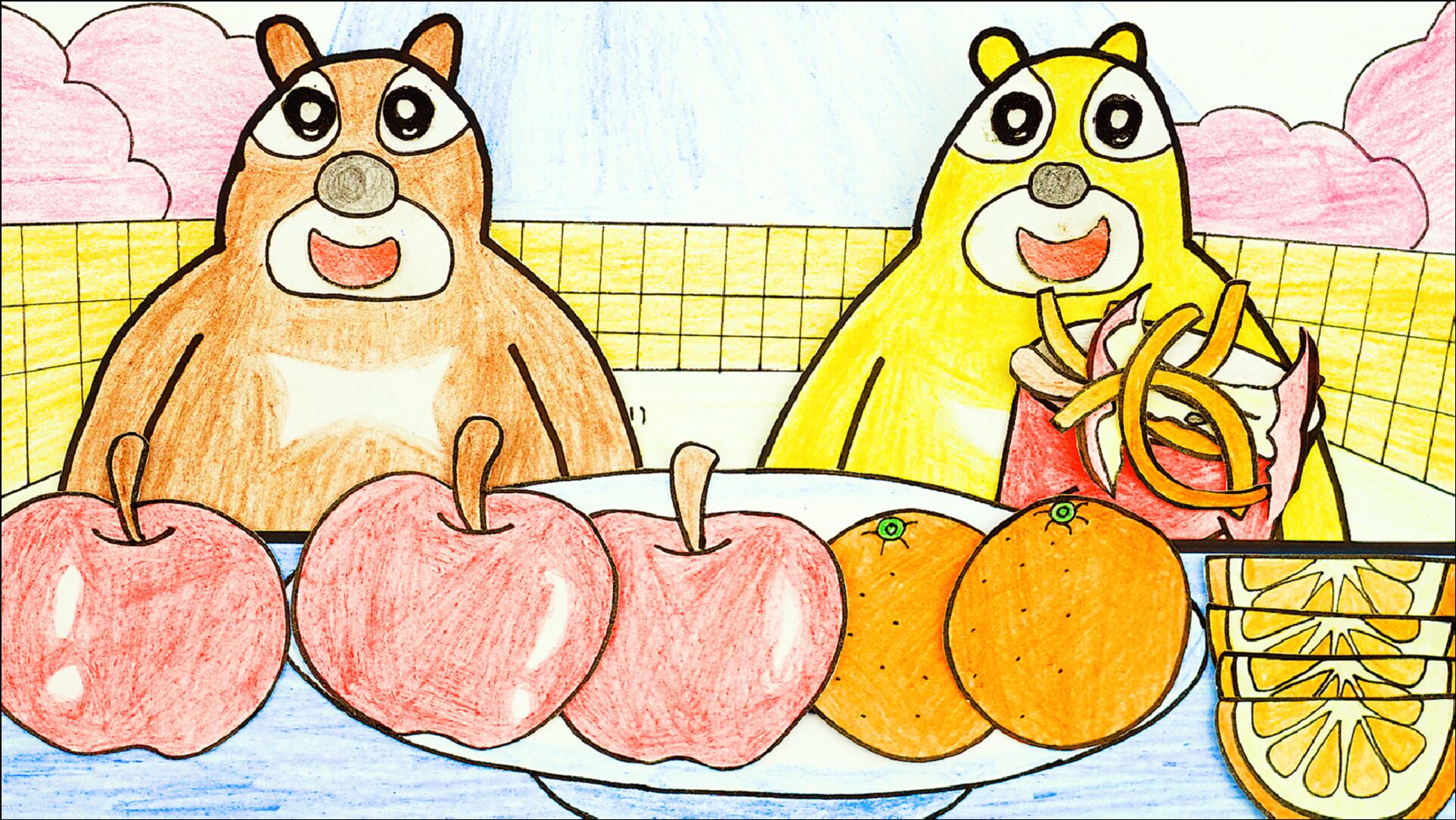 可可手绘手绘定格动画熊大熊二不浪费食物乖乖把水果吃完