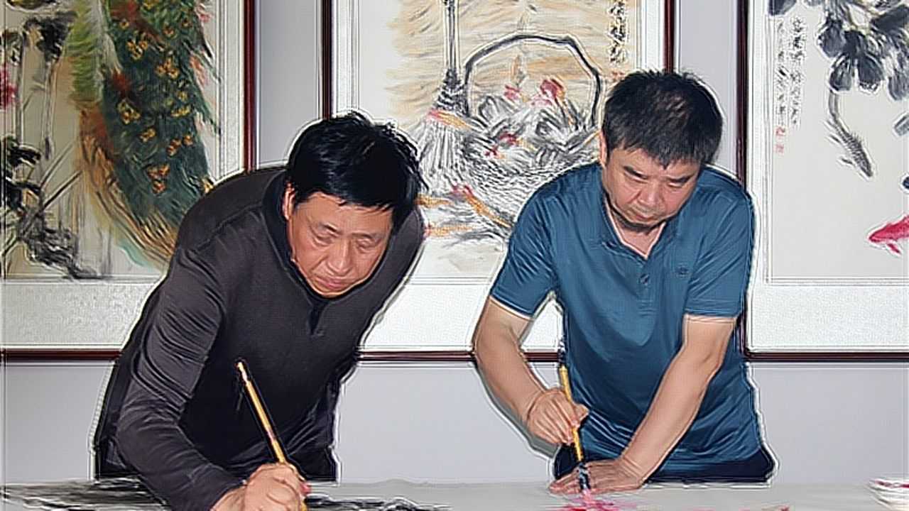 天津市著名画家田军,段博君合作作画