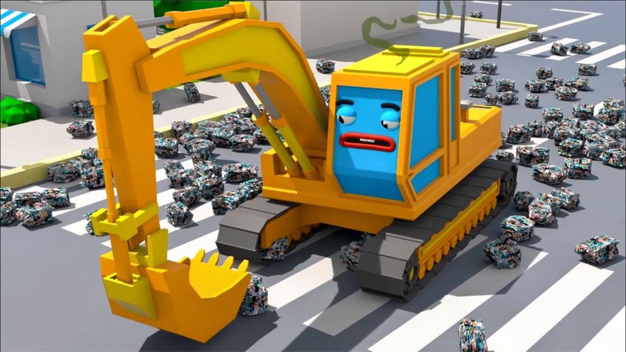 儿童工程车动画怪兽卡车又一次破坏了汽车城的儿童童话