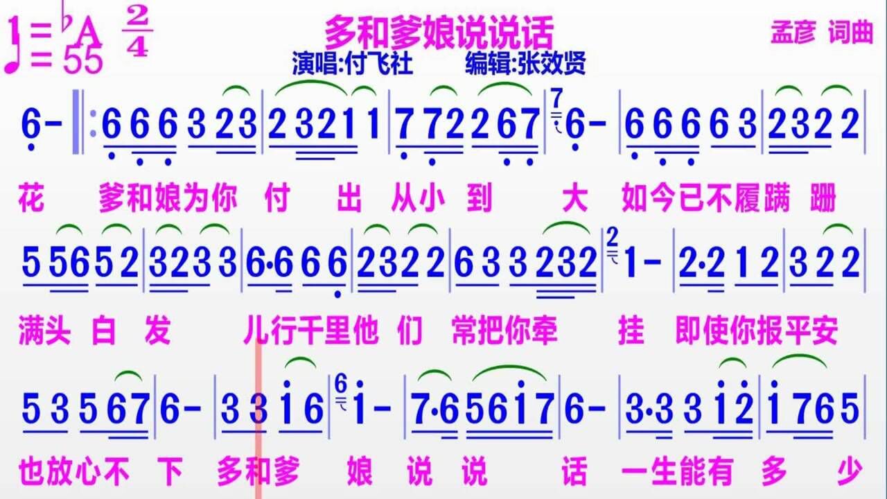 付飞社演唱多和爹娘说说话的完整版彩色动态简谱