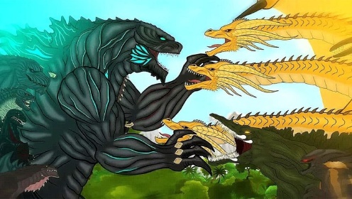 四个哥斯拉融合为一体,大战基多拉怪兽,场面震撼无人能敌