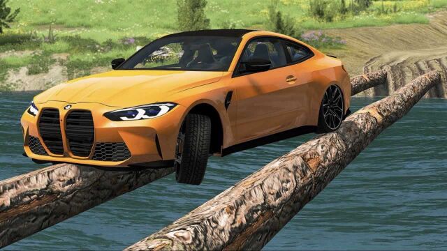 BeamNG:开车时走神的司机vs老司机,宝马M4开足马力冲向小木桥