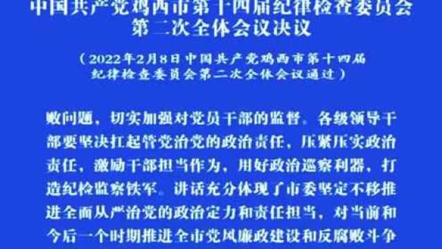 中国共产党鸡西市第十四届纪律检查委员会 第二次全体会议决议