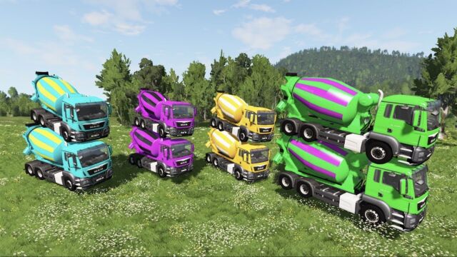 BeamNG:五彩双层搅拌车,自卸卡车和小货车争先恐后马力全开相撞