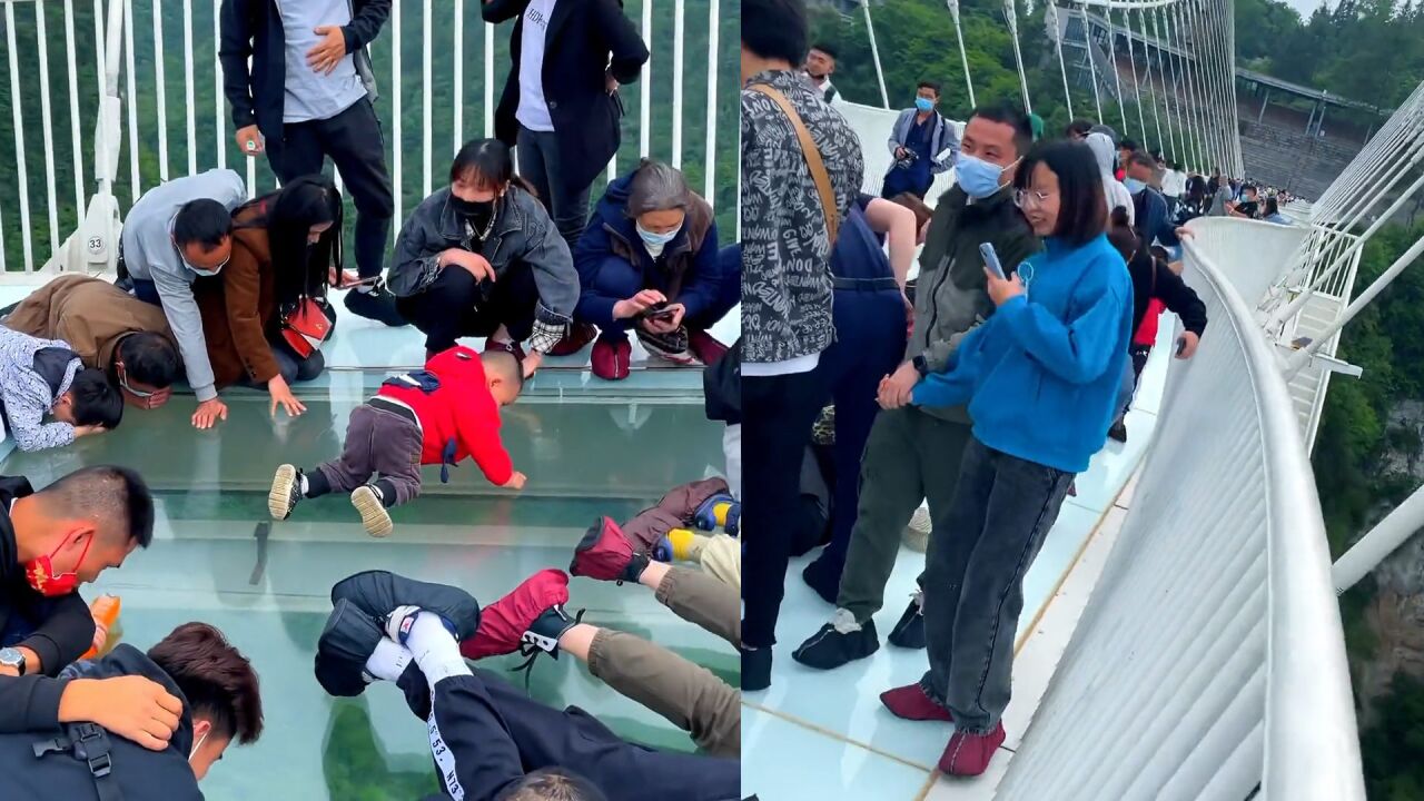 游客走玻璃栈道,妹子们各种姿势过桥,网友:短裙姑娘怎么过?