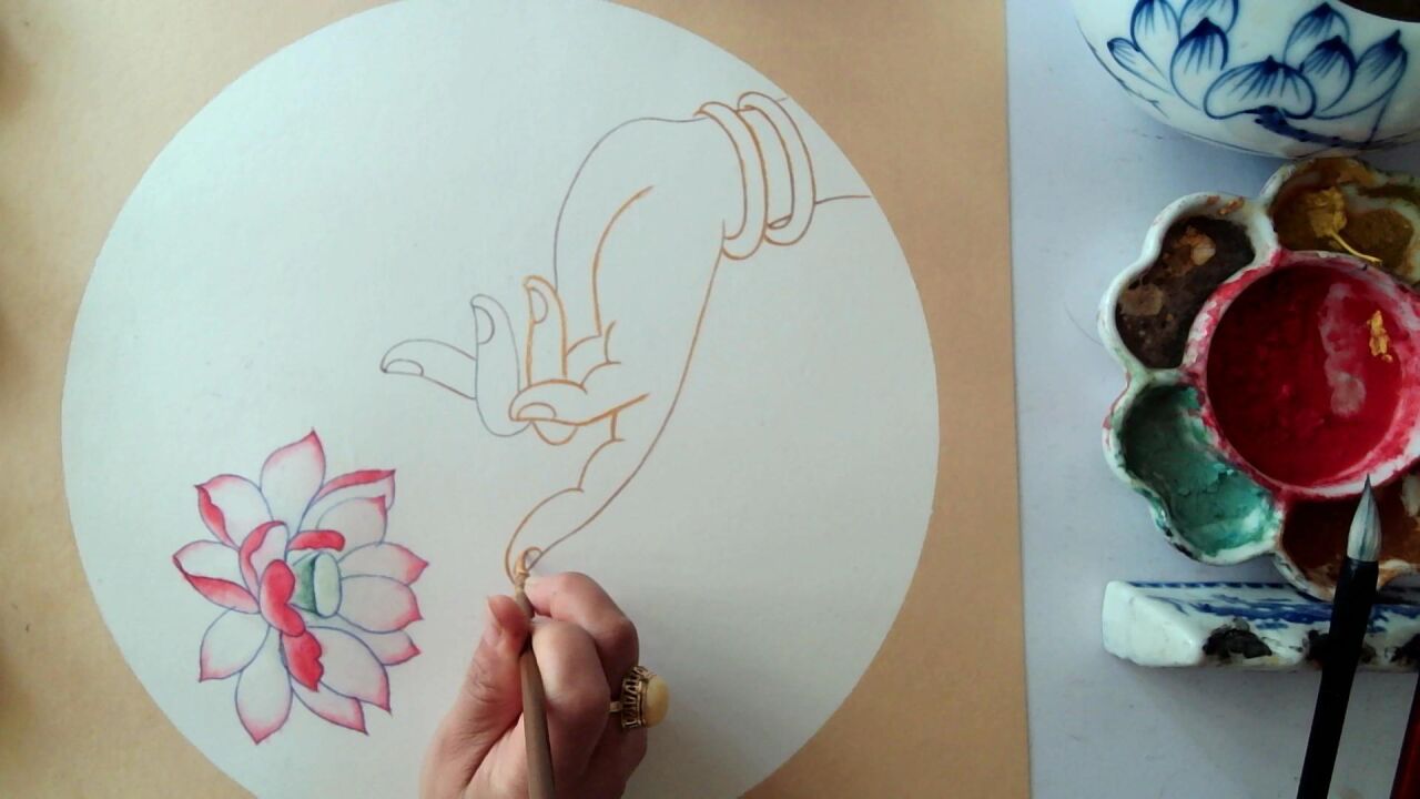 国画工笔卡纸拈花一笑佛手颜色和金色勾线法美术画画(第五集)_高清